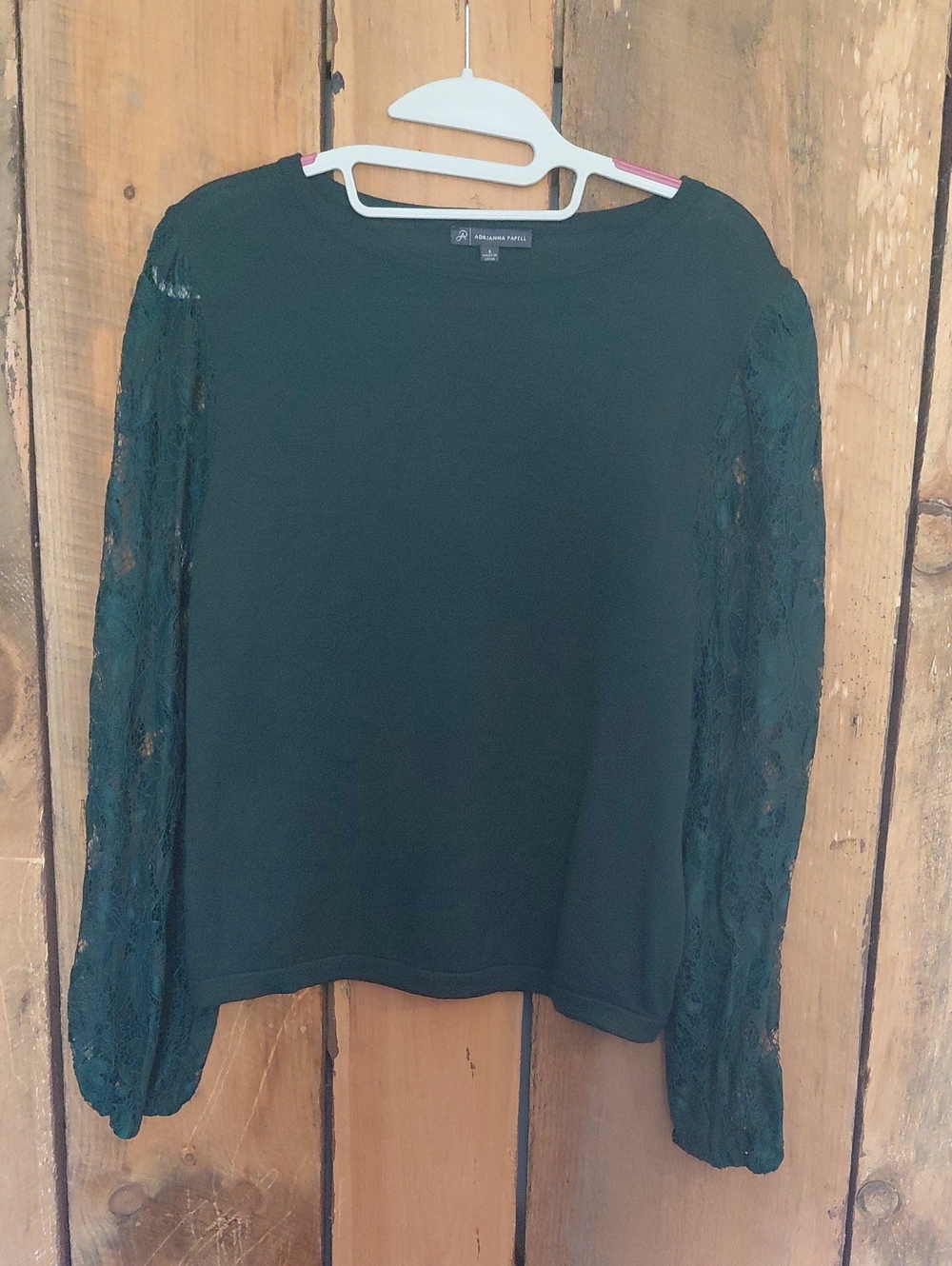 NWOT Adrianna Papell Dark Green Lace Sleeve Long-Sleeve Top